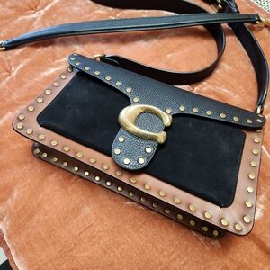 Coach Black Suede & Brown Leather Crossbody with Gold Studs Long And Short Strap